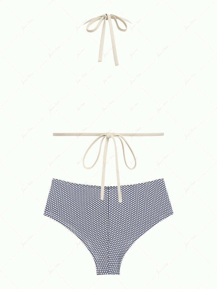 Deep Blue Polka Dot Print Triangle Push Up Top & Cheeky Boyshort Bikini Set