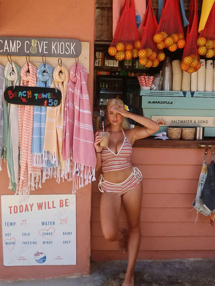 Seamolly Striped Ribbed Halter Cutout Tied Side Boyshorts Tankini Set