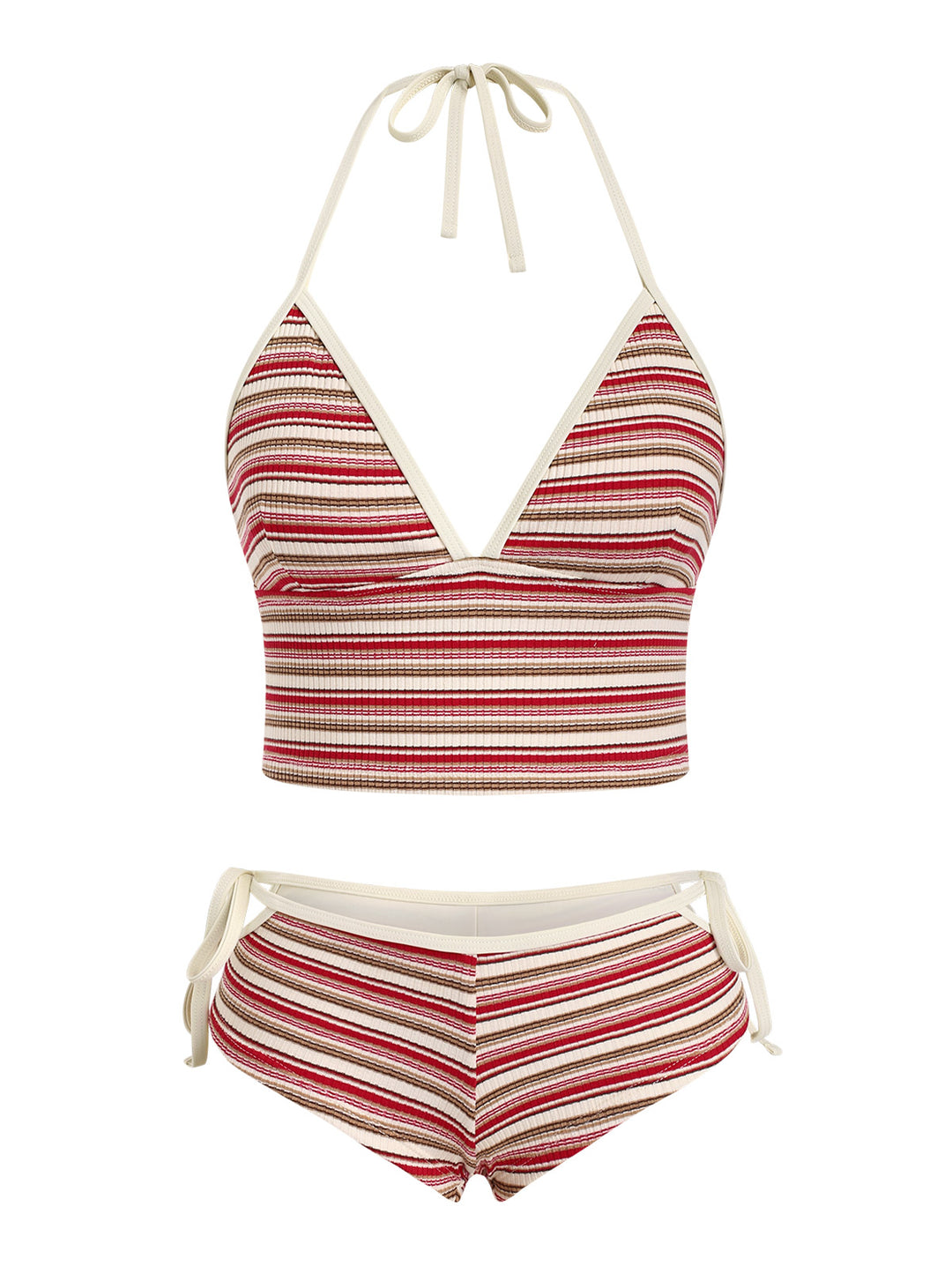 Seamolly Striped Ribbed Halter Cutout Tied Side Boyshorts Tankini Set