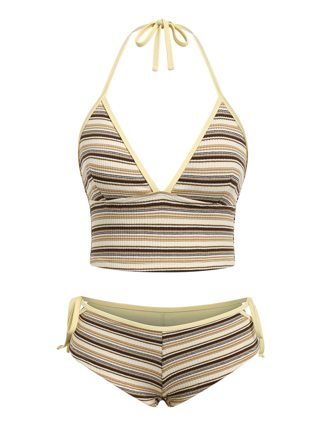 Seamolly Striped Ribbed Halter Cutout Tied Side Boyshorts Tankini Set