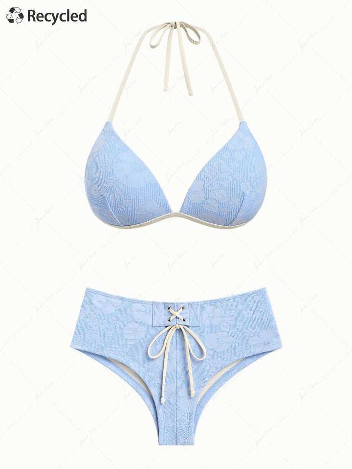 Light Blue Recycled Fabric Jacquard Triangle Push Up Bikini Set