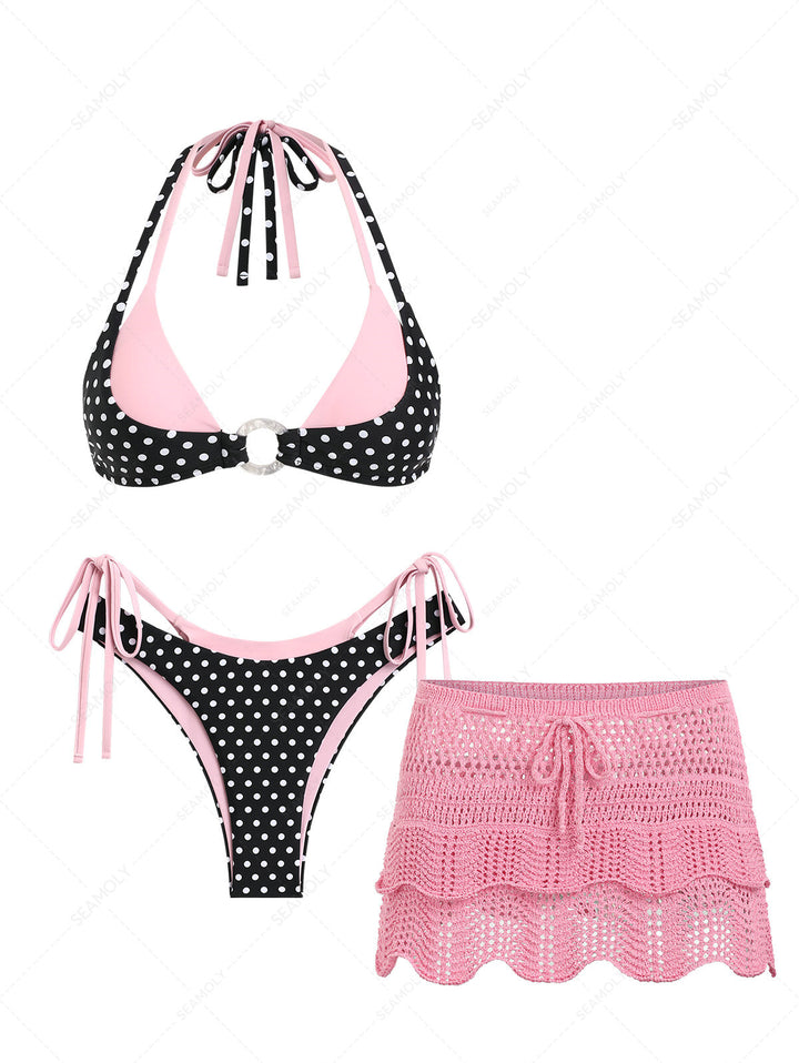 Seamolly 3 Piece Swimsuit - Polka Dot Print O Ring Double Layer Bikini Set & Cover Up Skirt