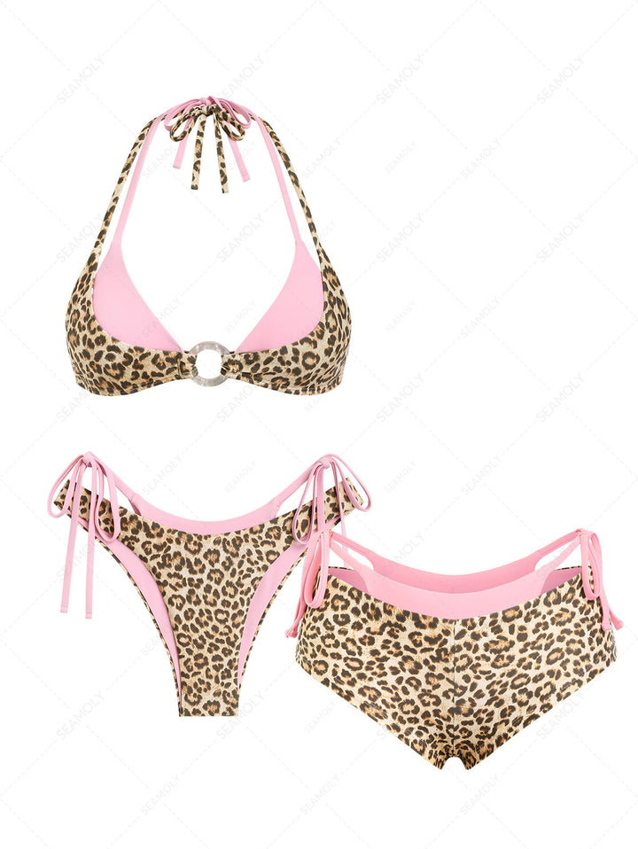Seamolly 3 Piece Contrast Color Leopard Print O Ring Double Layer Cheeky Boyshort Bikini Set