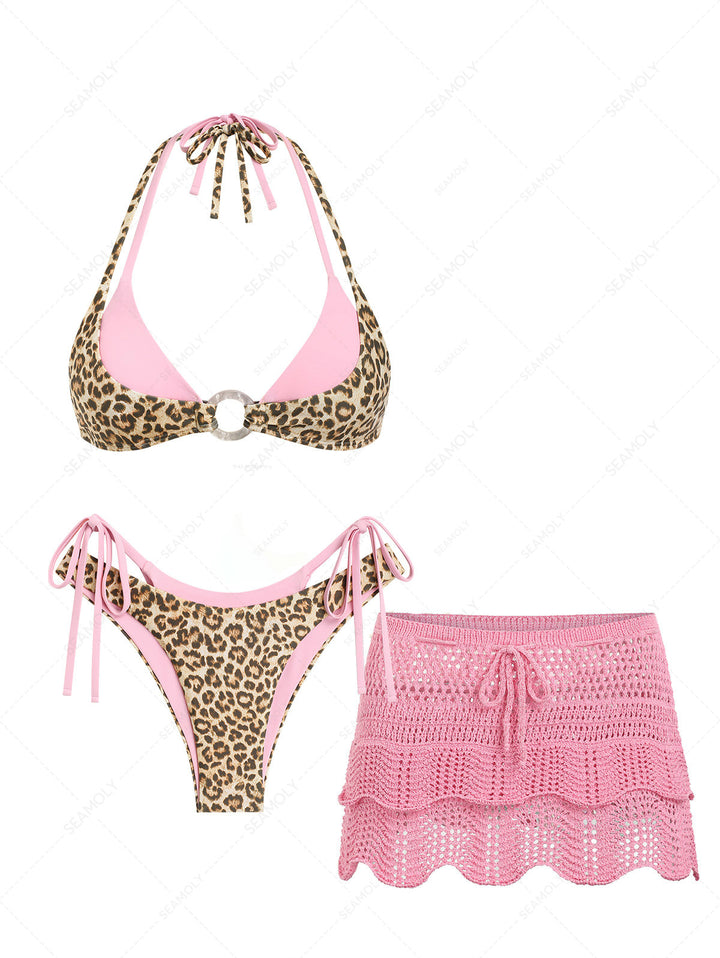 Seamolly 3 Piece Swimsuit - Leopard Print O Ring Double Layer Bikini Set & Cover Up Skirt