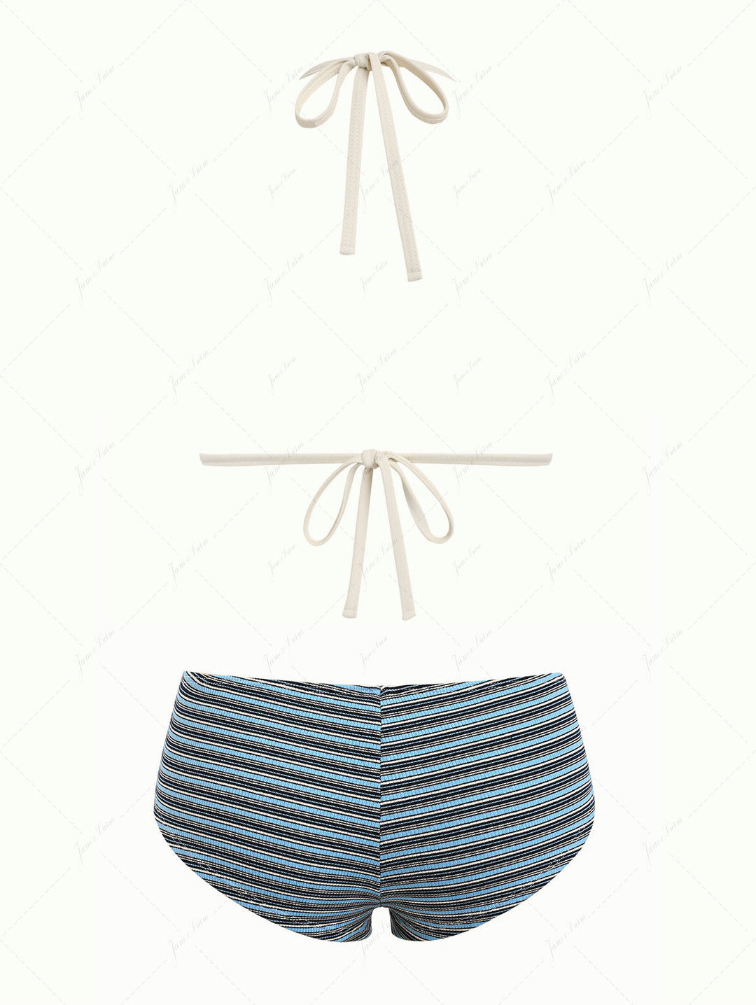Blue Knit Striped Ribbed Lace-Up Bikini Set