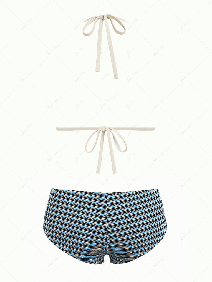 Blue Knit Striped Ribbed Lace-Up Bikini Set