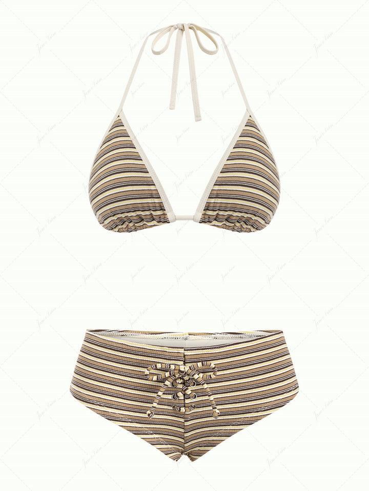 Brown Knit Striped Ribbed Contrast Binding Halter Triangle Bikini Set