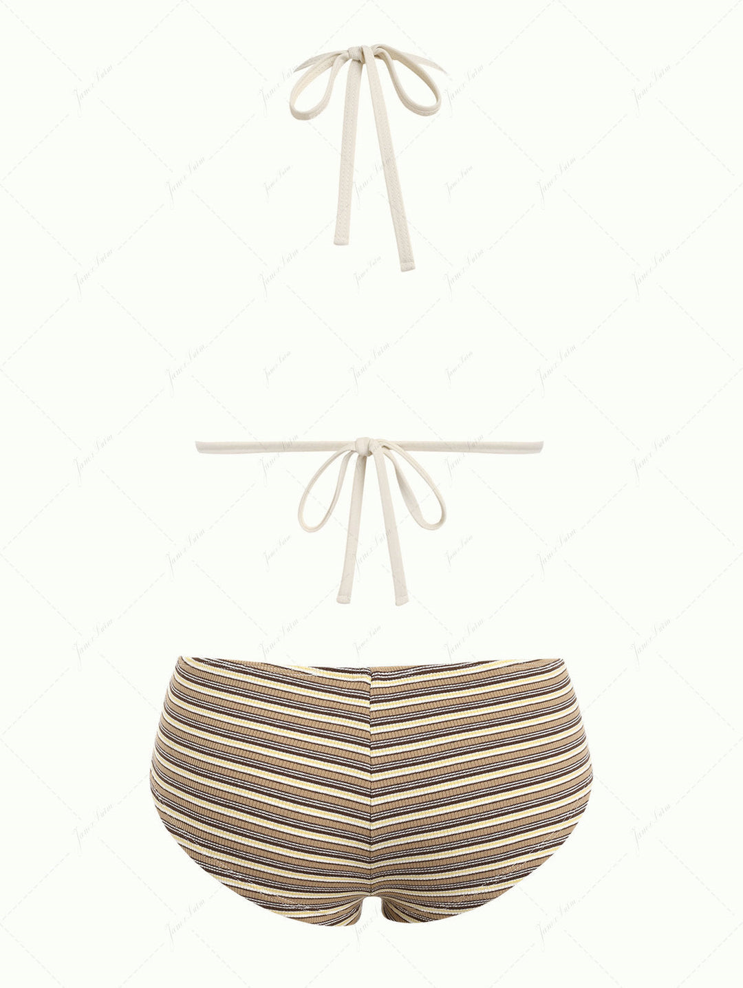 Brown Knit Striped Ribbed Contrast Binding Halter Triangle Bikini Set