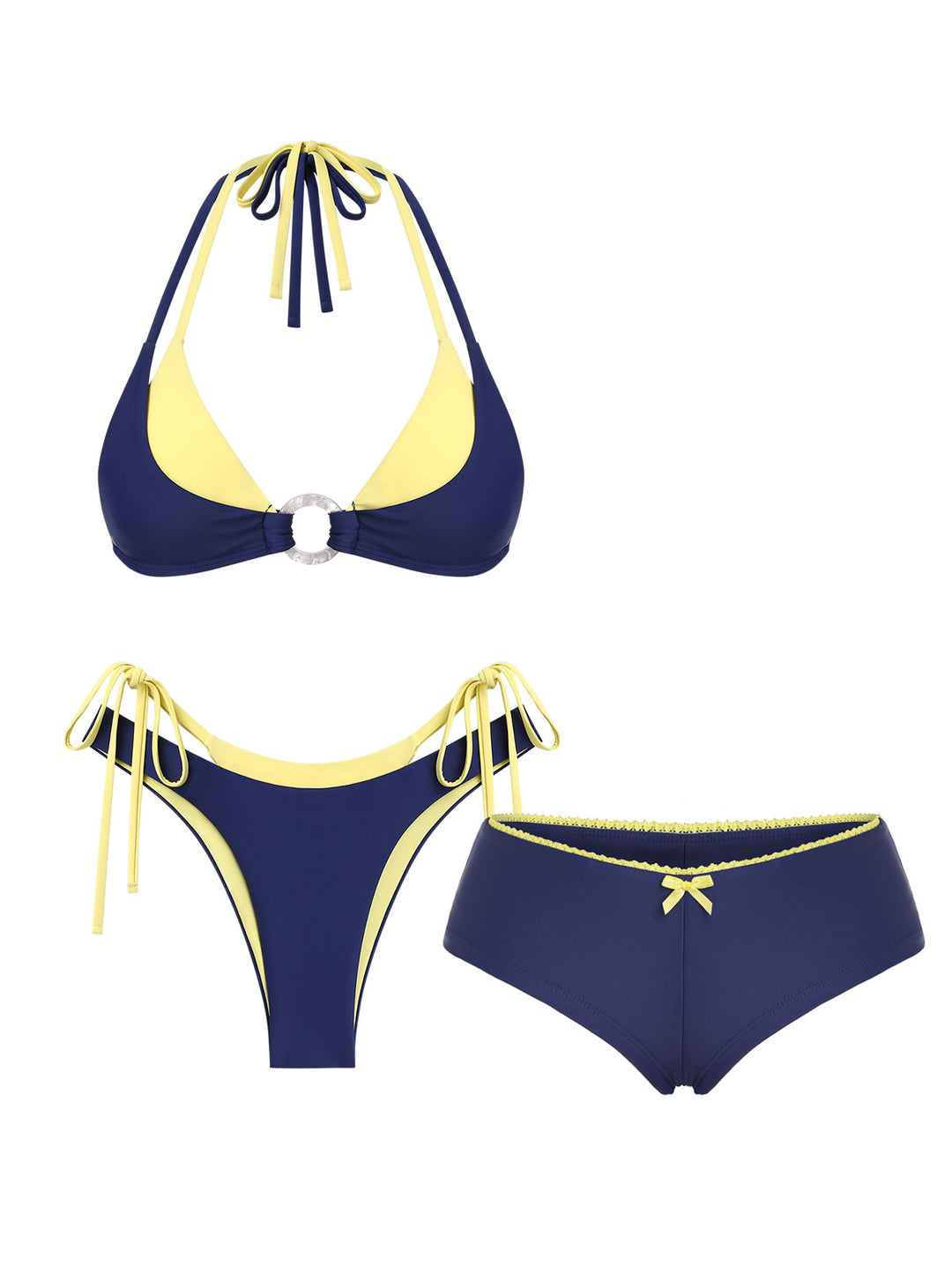 Seamolly 3 Piece Colorblock Two Tone O Ring Double Layer Cheeky Boyshort Bikini Set