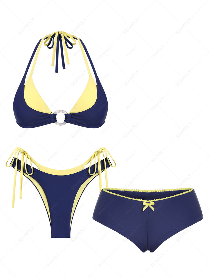 Seamolly 3 Piece Colorblock Two Tone O Ring Double Layer Cheeky Boyshort Bikini Set