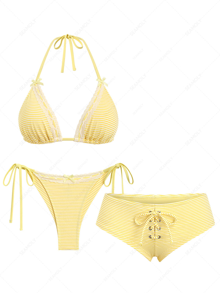 Seamolly 3 Piece Striped Lace Bowknot Triangle Brazilian Cheeky Boyshort Bikini Set