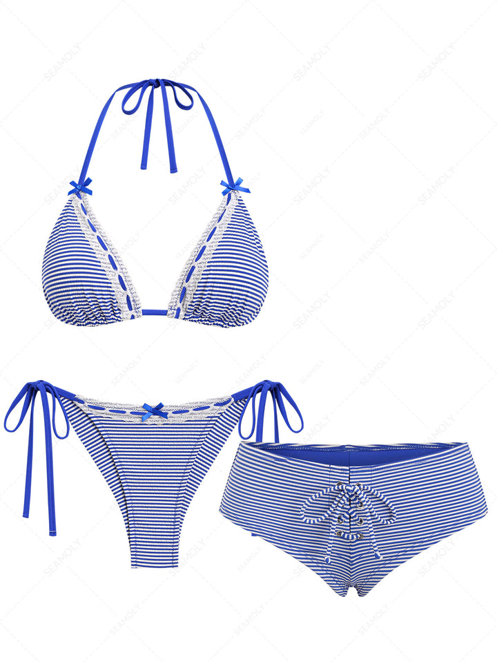 Seamolly 3 Piece Striped Lace Bowknot Triangle Brazilian Cheeky Boyshort Bikini Set