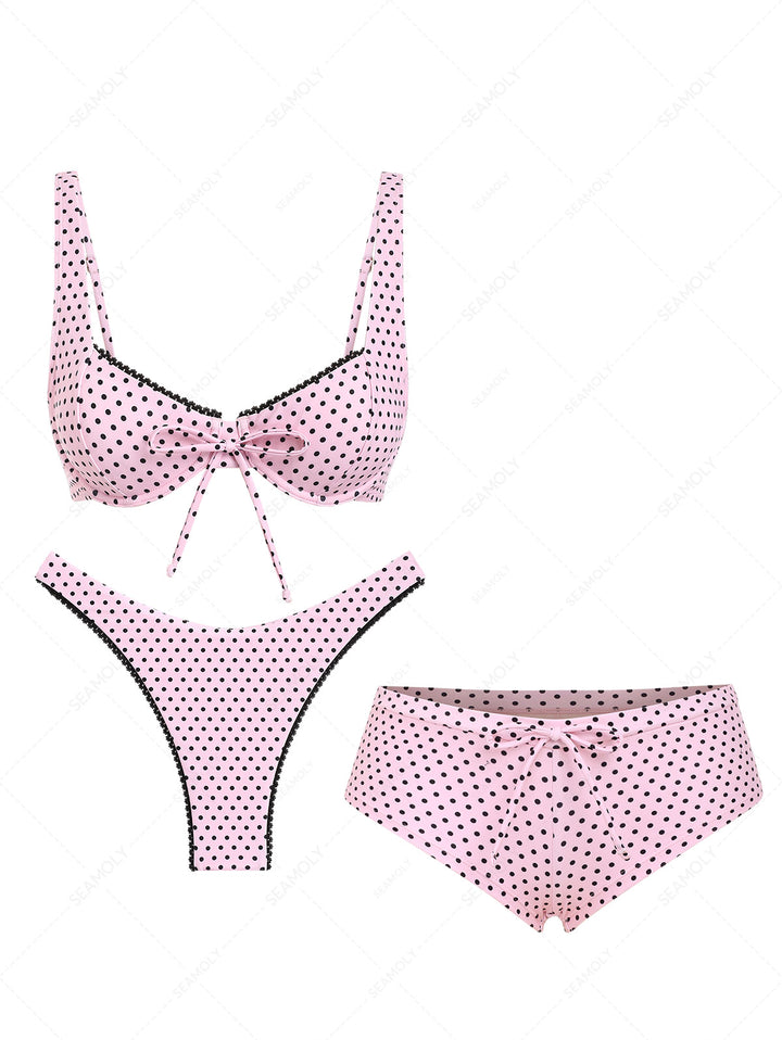 Seamolly 3 Piece Polka Dot Lace Bowknot Underwire Cheeky Boyshort Bikini Set