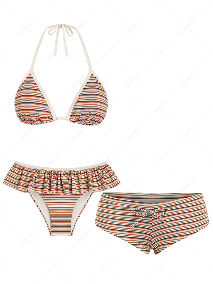 Seamolly 3 Piece Striped Triangle Top & Skirted Bottom & Cheeky Boyshort Bikini Set