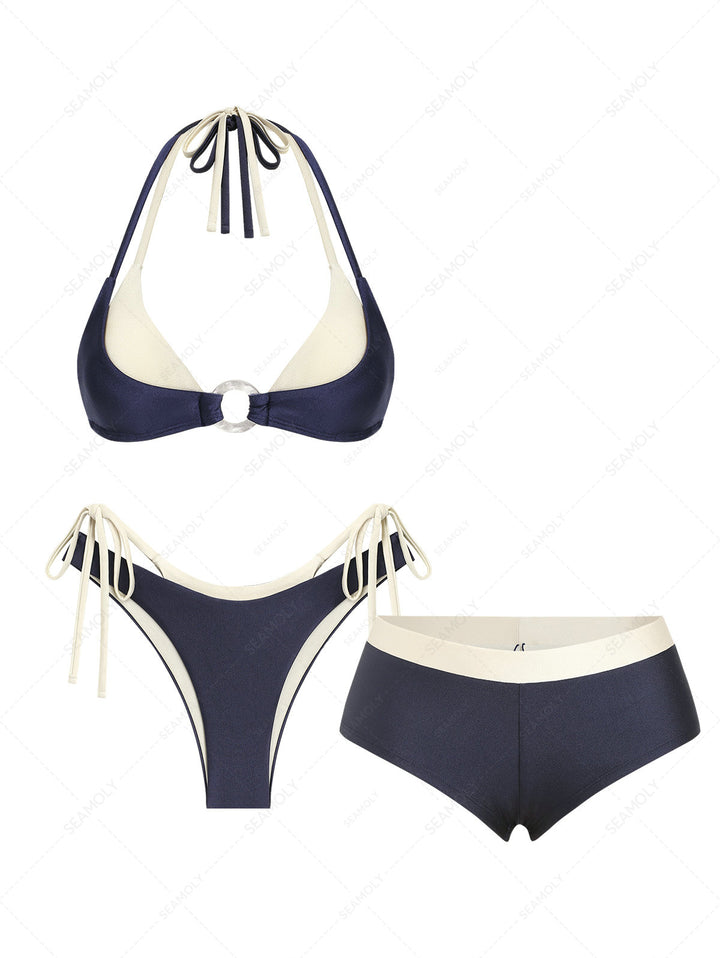 Seamolly 3 Piece Two Tone O Ring Double Layer Cheeky Boyshort Bikini Set