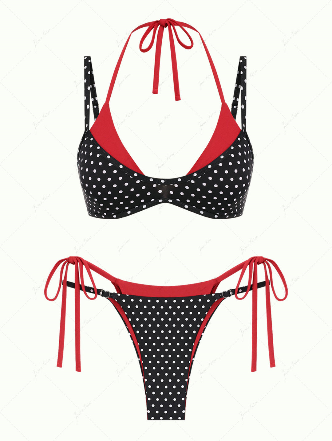 Janex Black Contrast Color Polka Dot Print String Double Layer Bikini Set