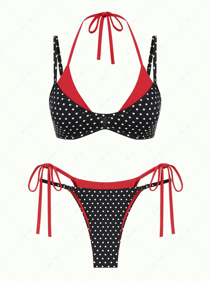 Janex Black Contrast Color Polka Dot Print String Double Layer Bikini Set