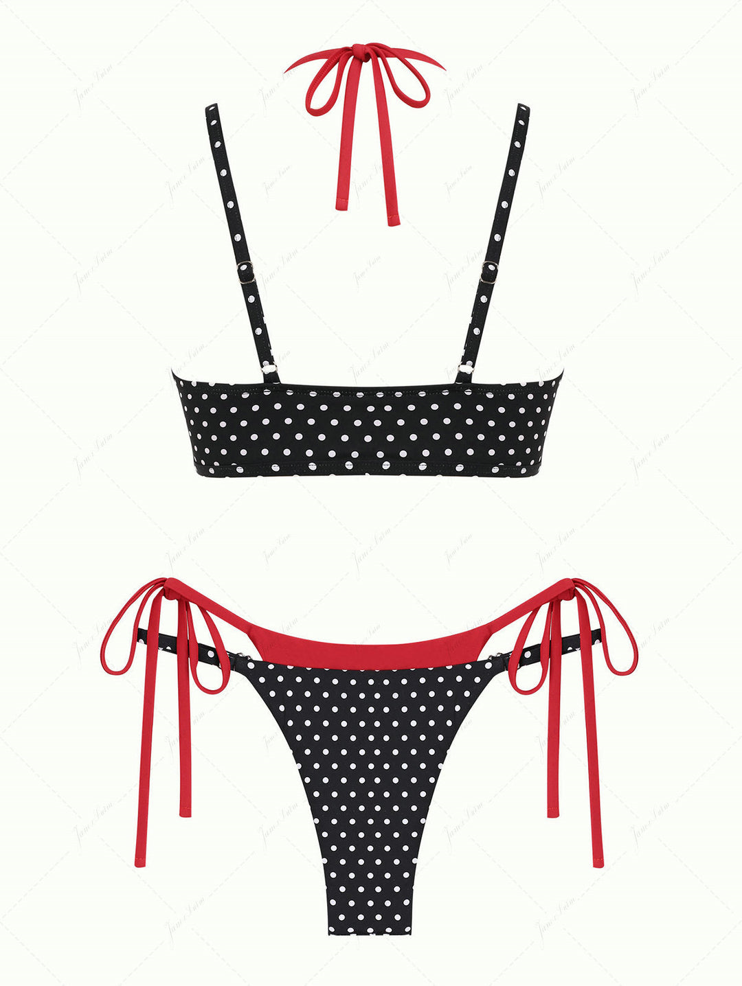 Janex Black Contrast Color Polka Dot Print String Double Layer Bikini Set