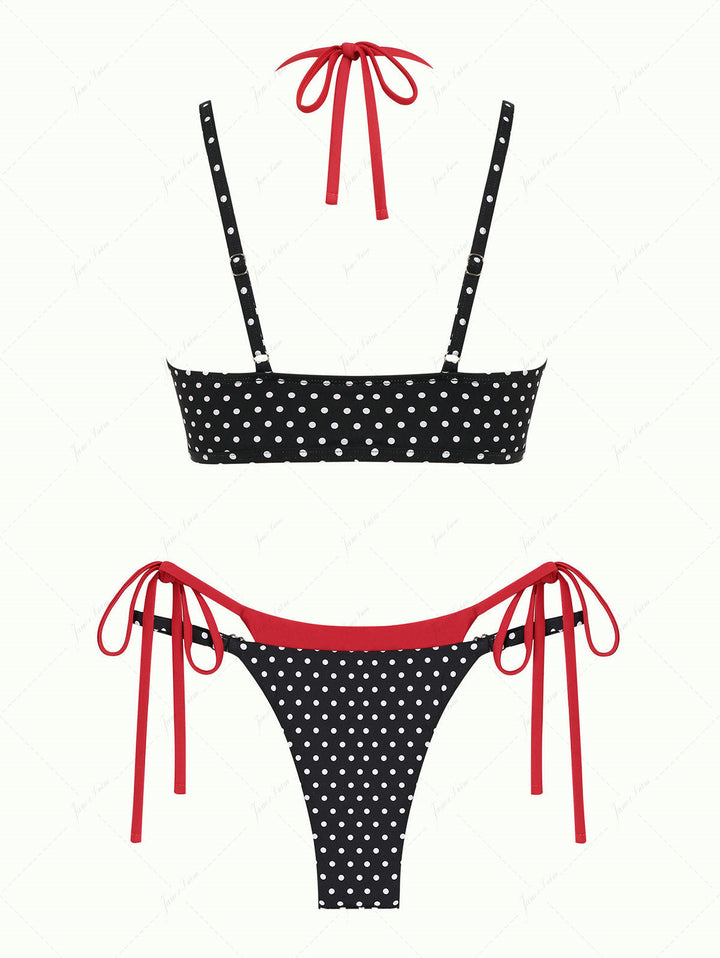 Janex Black Contrast Color Polka Dot Print String Double Layer Bikini Set