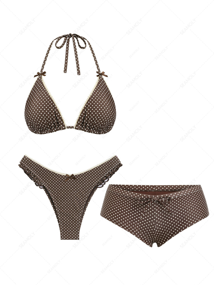 Seamolly 3 Piece Polka Dot Lace Bowknot Ruffles Halter Triangle Cheeky Boyshort Bikini Set