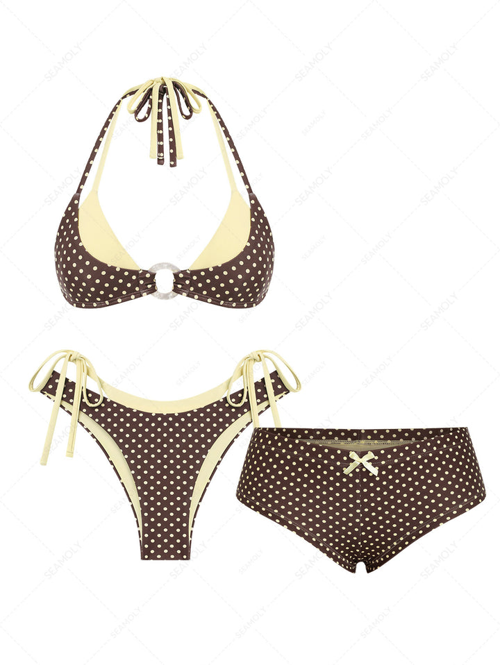 Seamolly 3 Piece Polka Dot Print O Ring Double Layer Cheeky Boyshort Bikini Set