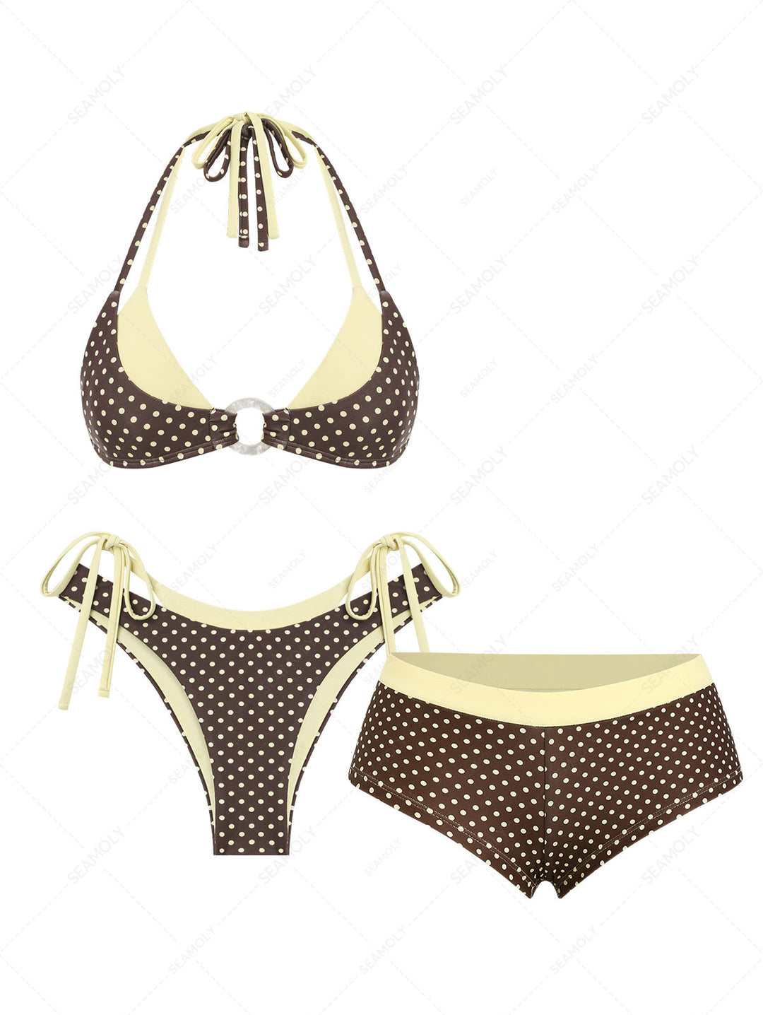 Seamolly 3 Piece Polka Dot O Ring Double Layer Cheeky Boyshort Bikini Set