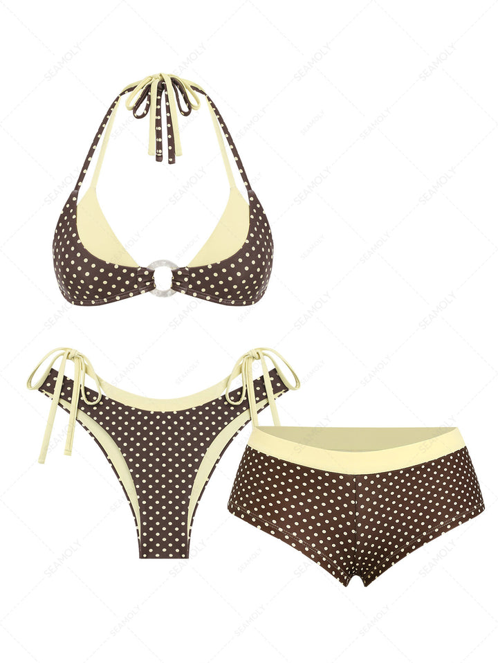 Seamolly 3 Piece Polka Dot O Ring Double Layer Cheeky Boyshort Bikini Set