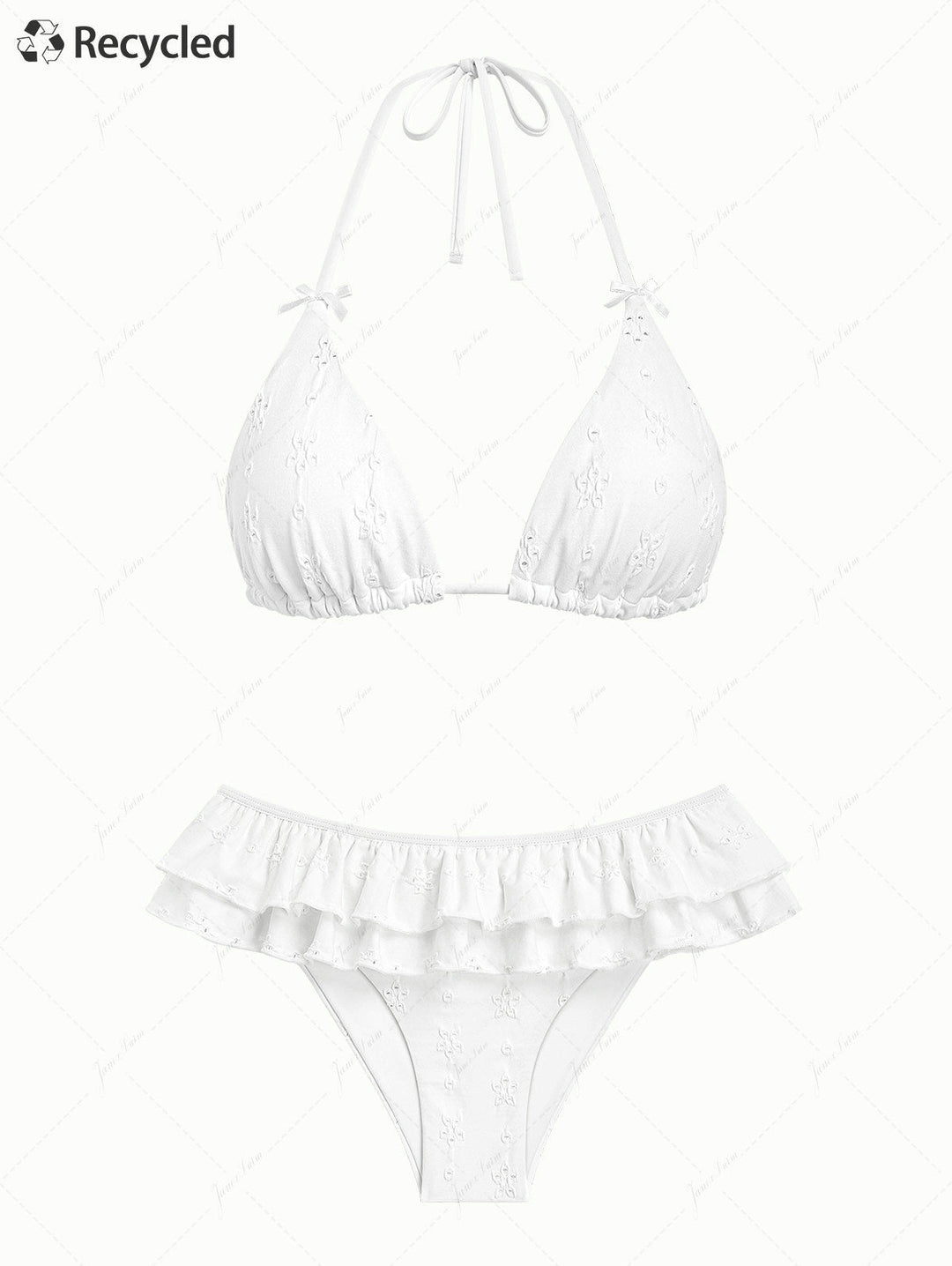 White Recycled Fabric Jacquard Layered Ruffles Triangle Skirtini Bikini Set