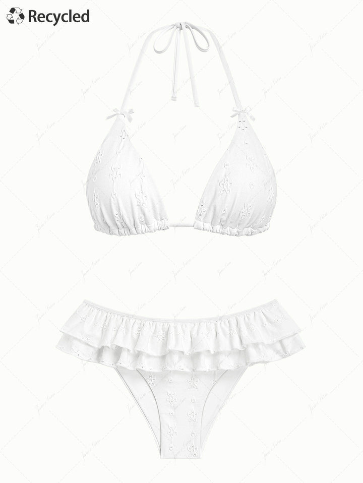 White Recycled Fabric Jacquard Layered Ruffles Triangle Skirtini Bikini Set