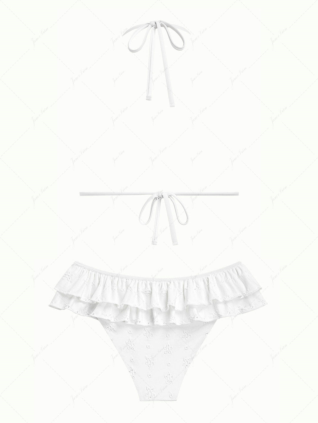 White Recycled Fabric Jacquard Layered Ruffles Triangle Skirtini Bikini Set