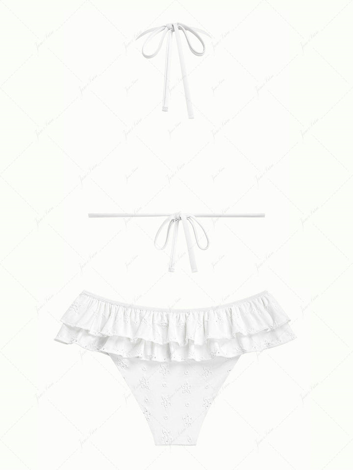 White Recycled Fabric Jacquard Layered Ruffles Triangle Skirtini Bikini Set