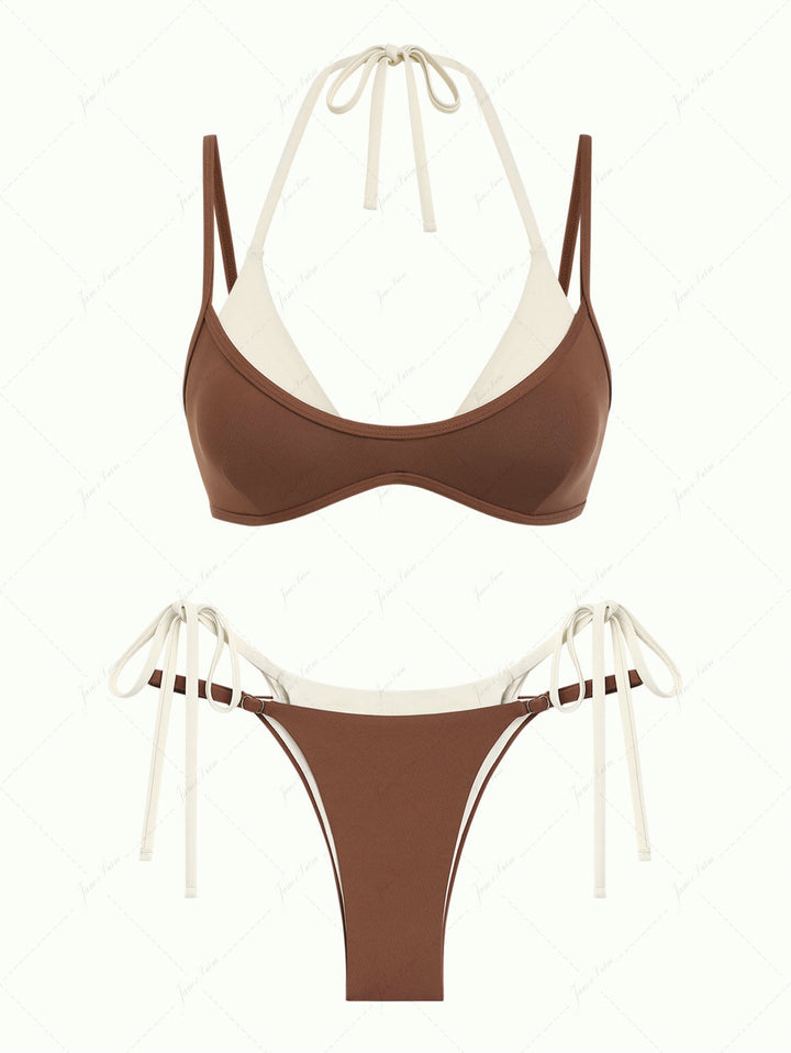 Brown Colorblock Two Tone Tie Side Double Layer Bikini Set