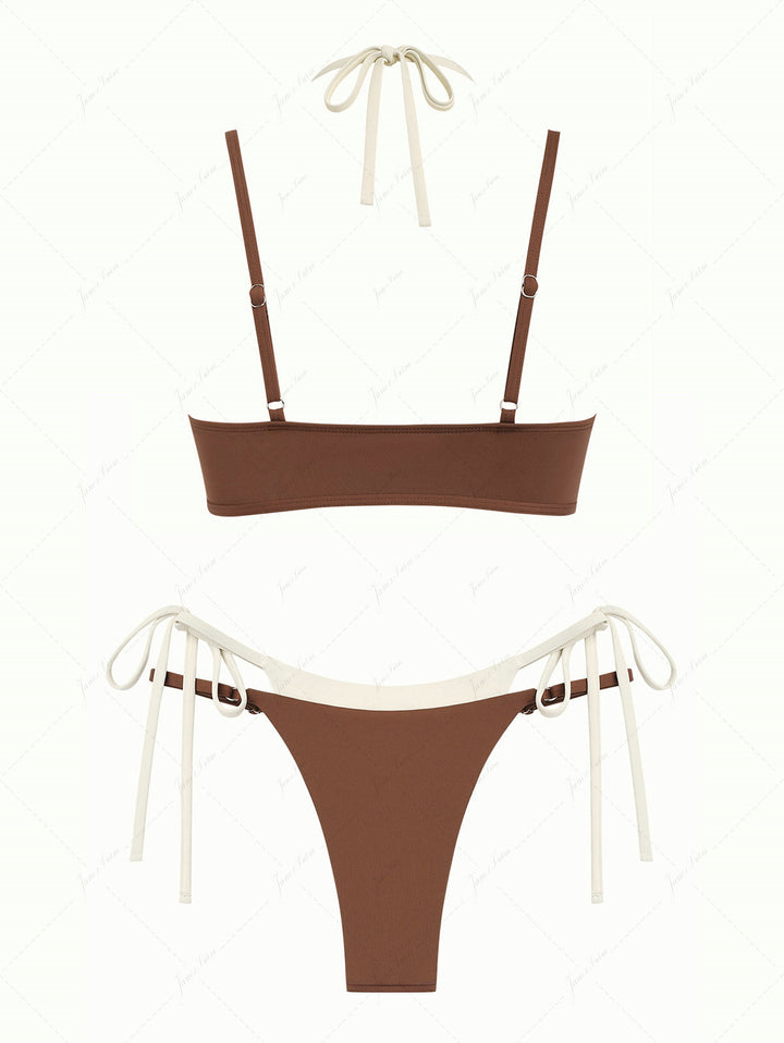 Brown Colorblock Two Tone Tie Side Double Layer Bikini Set