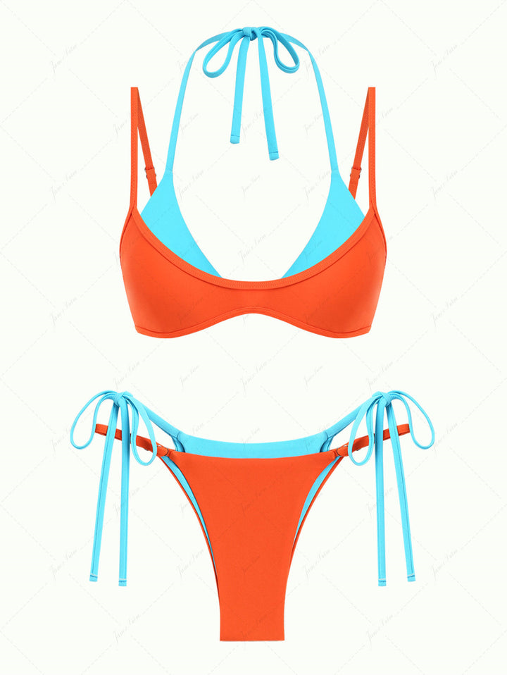 Orange Colorblock Two Tone String Double Layer Bikini Set