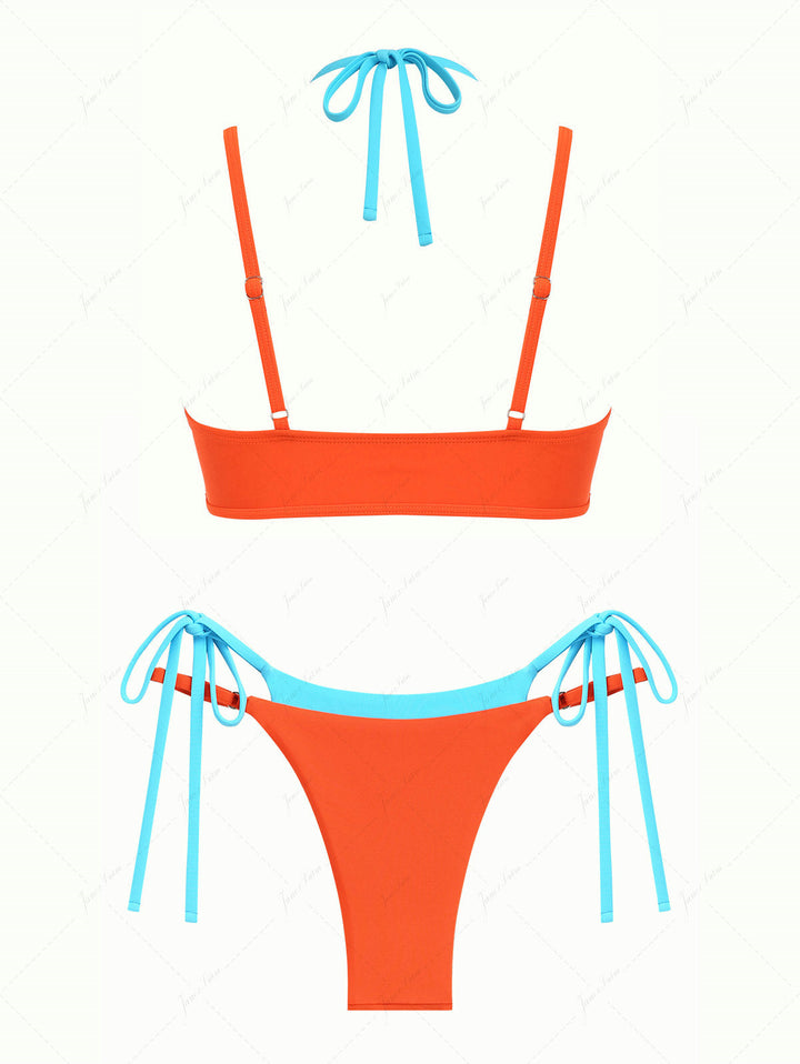 Orange Colorblock Two Tone String Double Layer Bikini Set