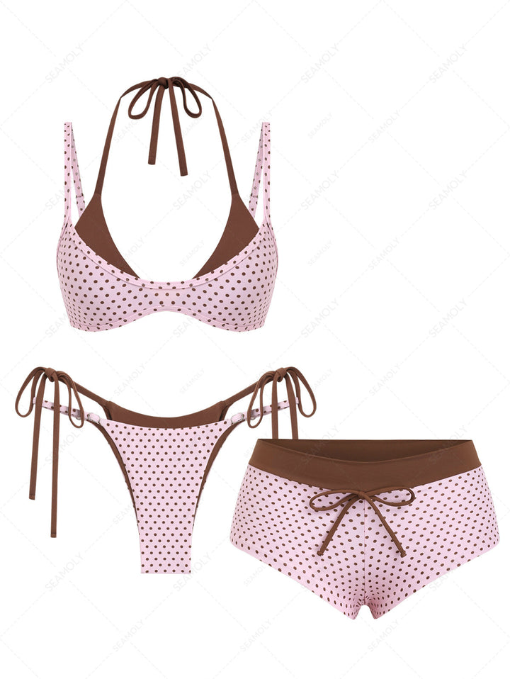 Seamolly 3 Piece Polka Dot Print Double Layer Cheeky Boyshort Bikini Set