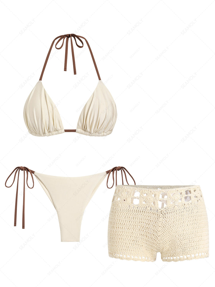 Seamolly 3 Piece Swimsuit-Ruched Triangle Cheeky Brazilian Bottom Bikini Set & Cover Up Shorts