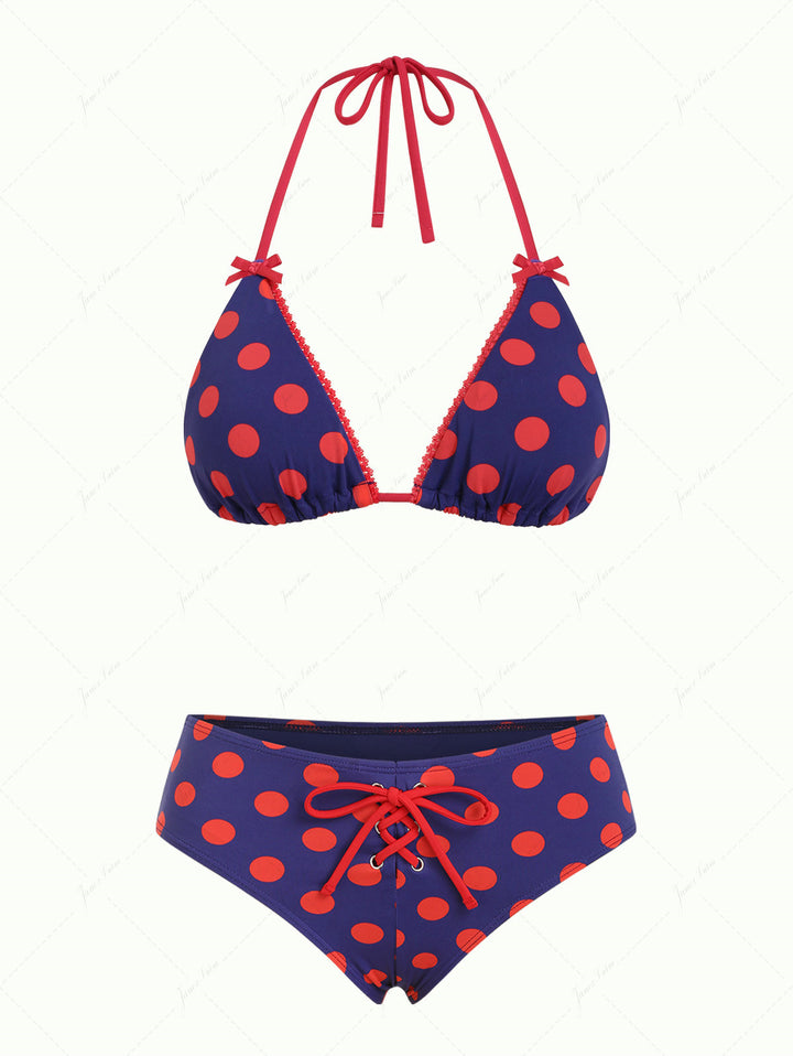 Midnight Blue Polka Dot Lace Bowknot Halter Triangle Half-Cover Bikini Set