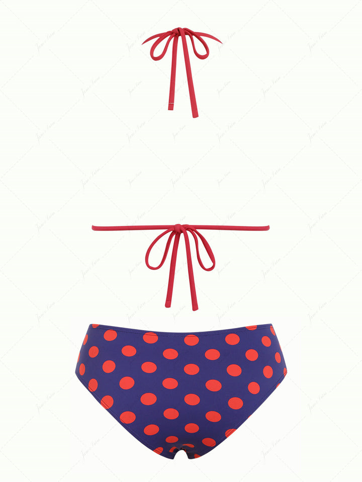 Midnight Blue Polka Dot Lace Bowknot Halter Triangle Half-Cover Bikini Set