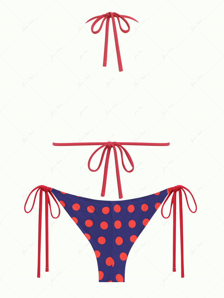 Midnight Blue Polka Dot Lace Bowknot Triangle Top & Cheeky Brazilian Bottom Bikini Set