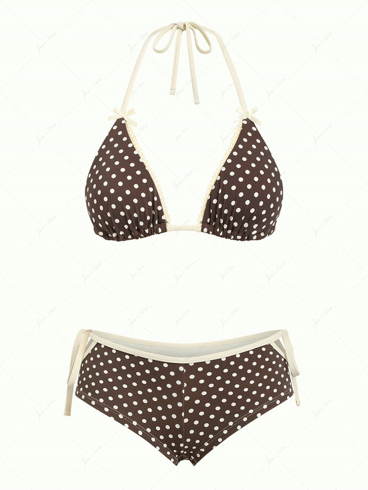 Deep Coffee Polka Dot Lace Bowknot Cutout Tie Side Cheeky Boyshorts Bikini Set