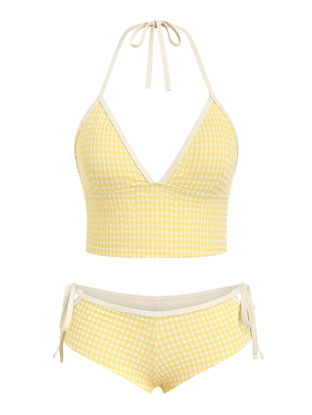 Seamolly Gingham Halter Cutout Tied Side Cheeky Boyshorts Tankini Set