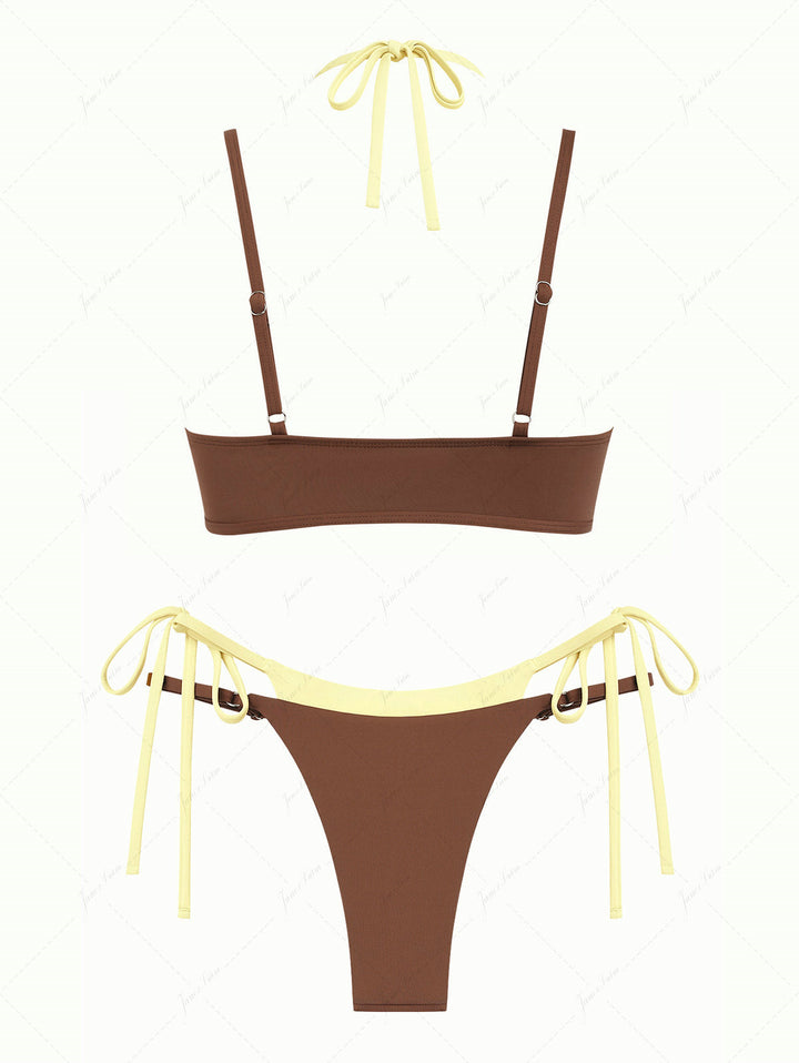 Janex Brown & Yellow Two Tone Tie Side Double Layer Bikini Set