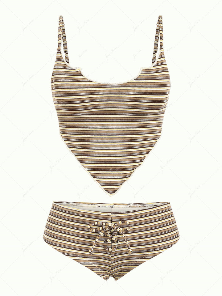 Brown Ribbed Knit Striped Hanky Hem Cheeky Boyshorts Tankini Set