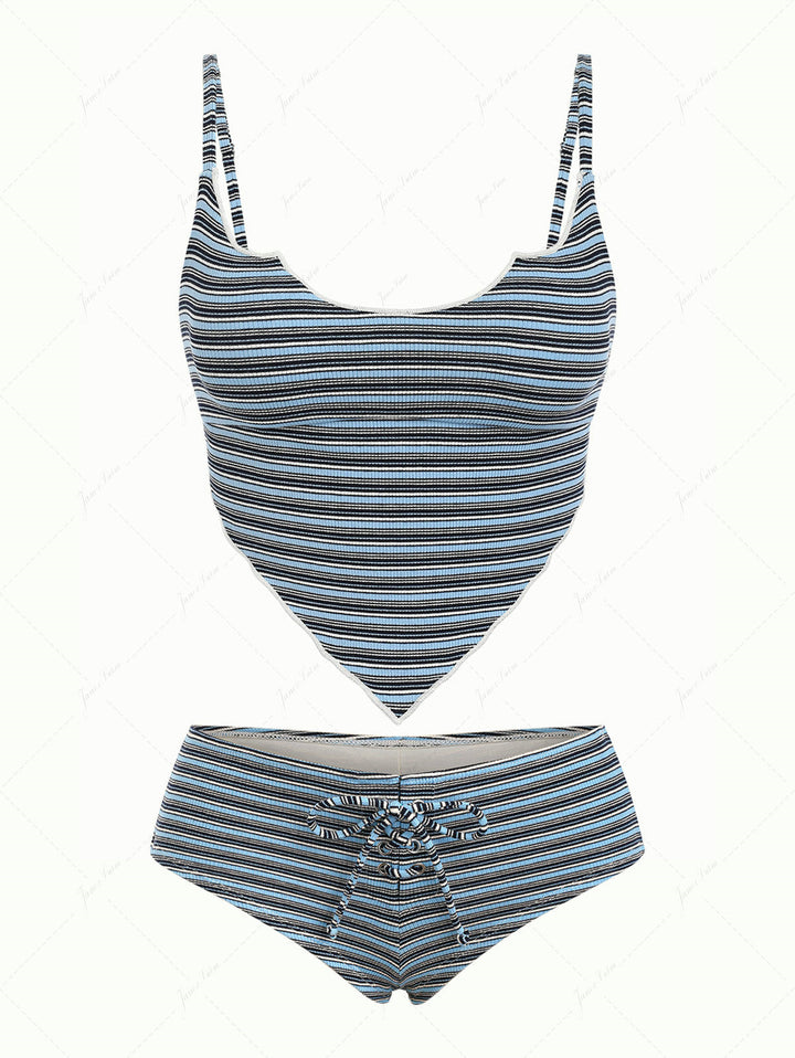 Blue Ribbed Knit Striped Hanky Hem Cheeky Boyshorts Tankini Set