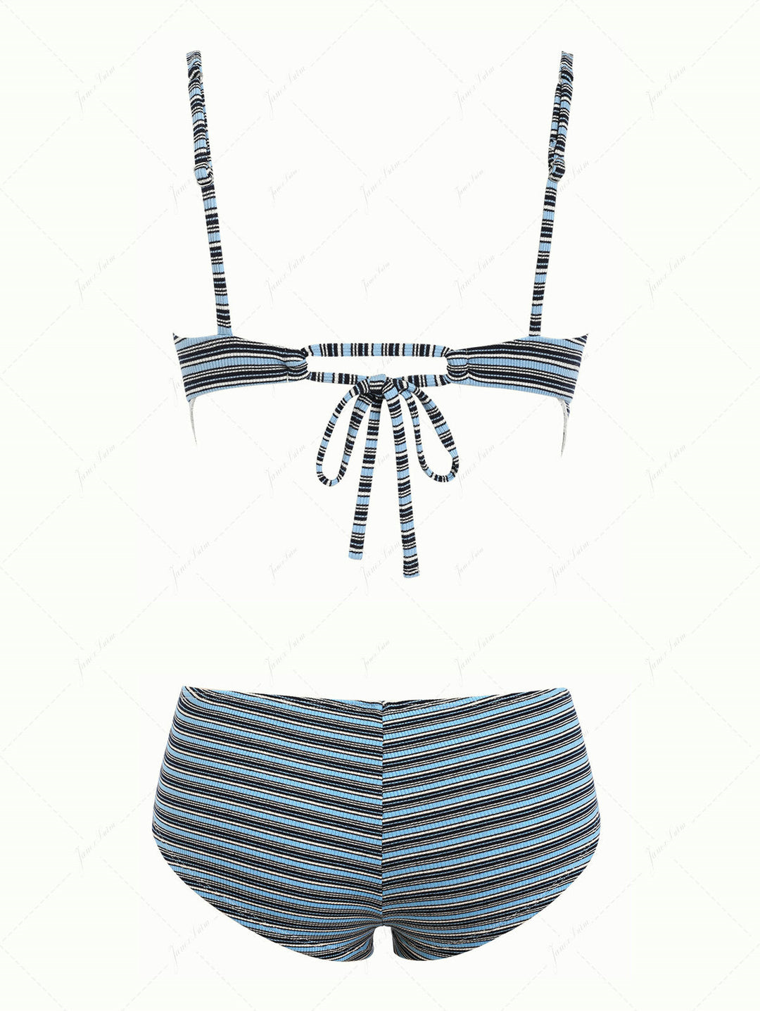 Blue Ribbed Knit Striped Hanky Hem Cheeky Boyshorts Tankini Set
