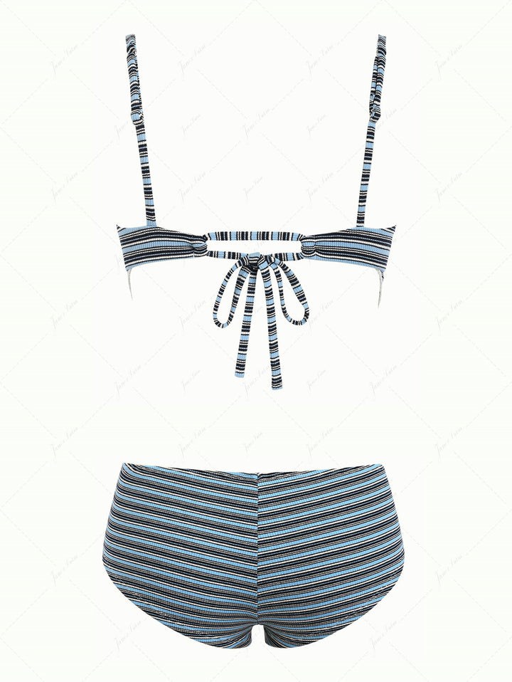 Blue Ribbed Knit Striped Hanky Hem Cheeky Boyshorts Tankini Set
