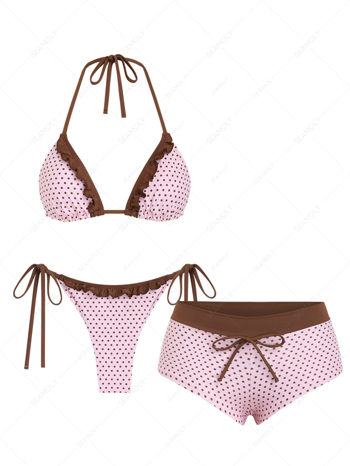 Seamolly 3 Piece Polka Dot Ruffles Triangle Brazilian Cheeky Boyshort Bikini Set