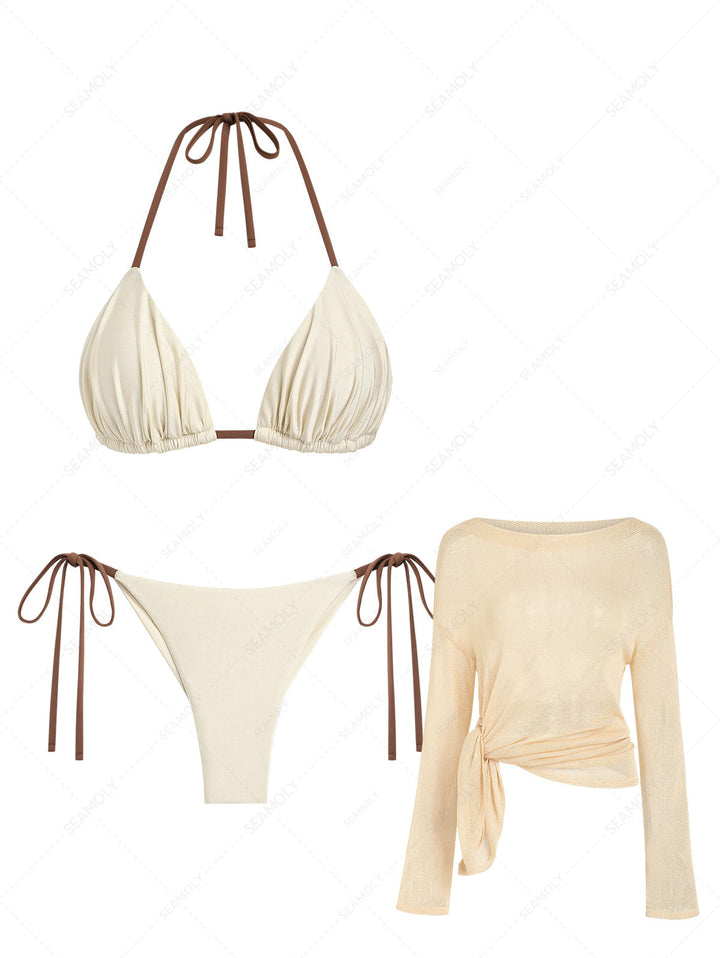 Seamolly 3 Piece Swimsuit-Ruched Triangle Cheeky Brazilian Bottom Bikini Set & Pullover Cover Up Top