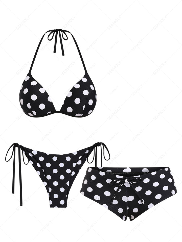 Seamolly 3 Piece Polka Dot Print Triangle Push Up Brazilian Cheeky Boyshort Bikini Set